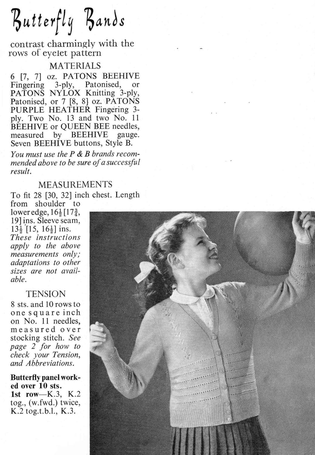 Patterned Girls Cardigan in 2 designs, 8-18yrs, 3ply, 60s Knitting Pattern, P&B 626