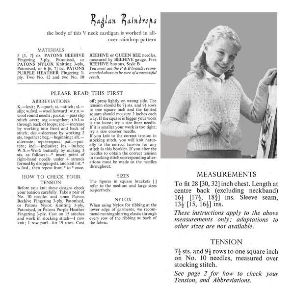 Patterned Girls Cardigan in 2 designs, 8-18yrs, 3ply, 60s Knitting Pattern, P&B 626