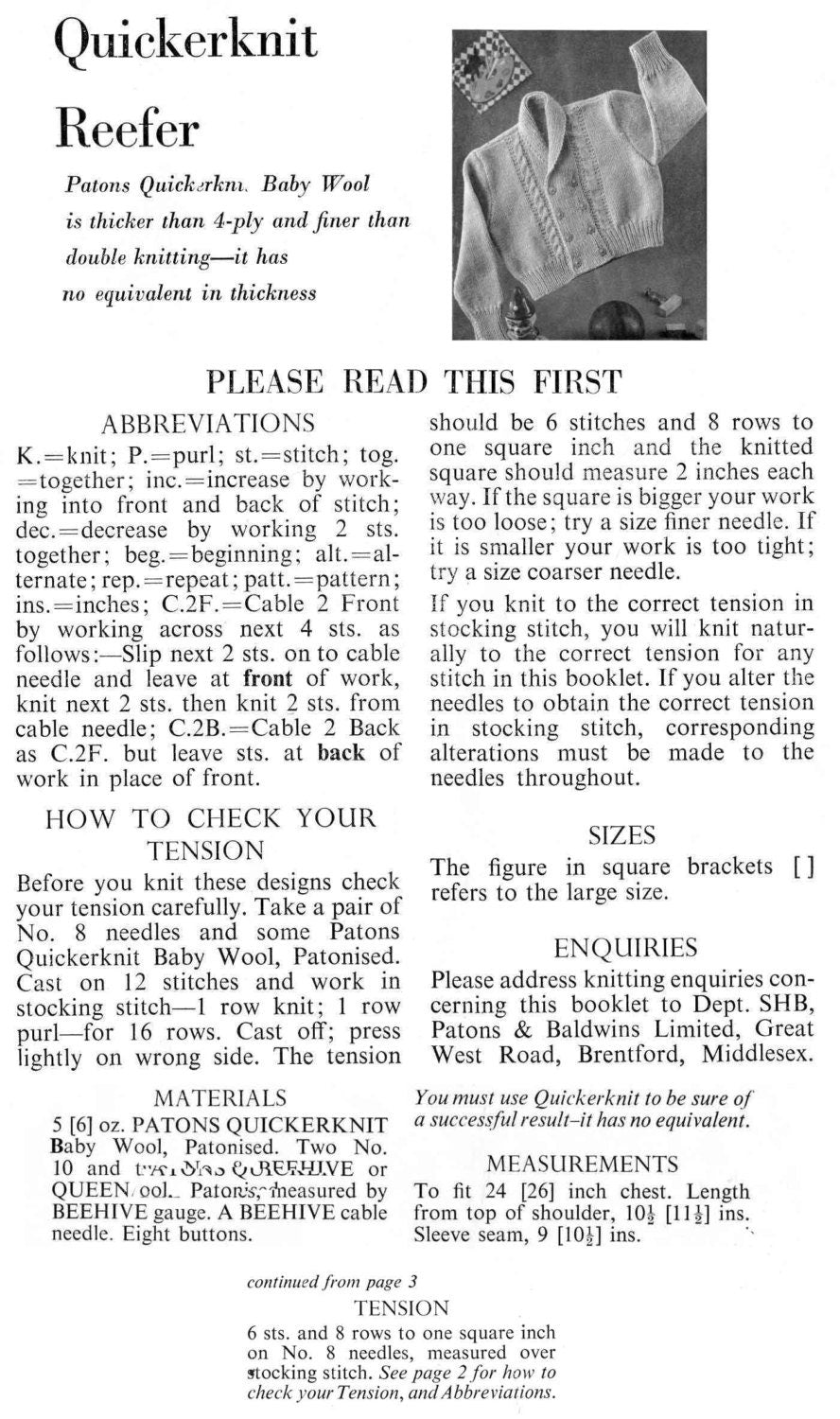 Boys Reefer Cardigan 24"-26" Chest, Sweater / Jumper 22" Chest, Tank Top 22" Chest, 4ply, 60s Knitting Pattern, P&B 442