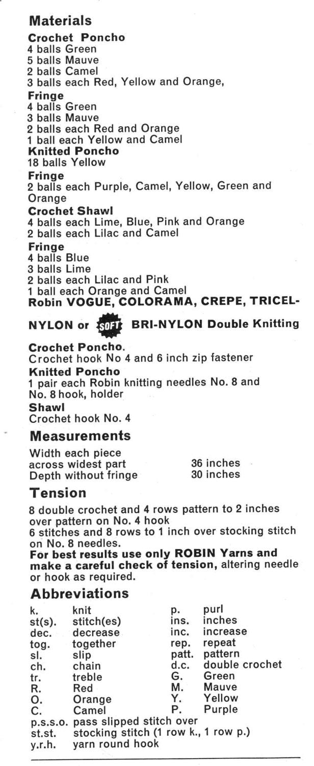Ladies Ponchos and Shawl, DK, 70s Crochet Pattern, Robin 1979