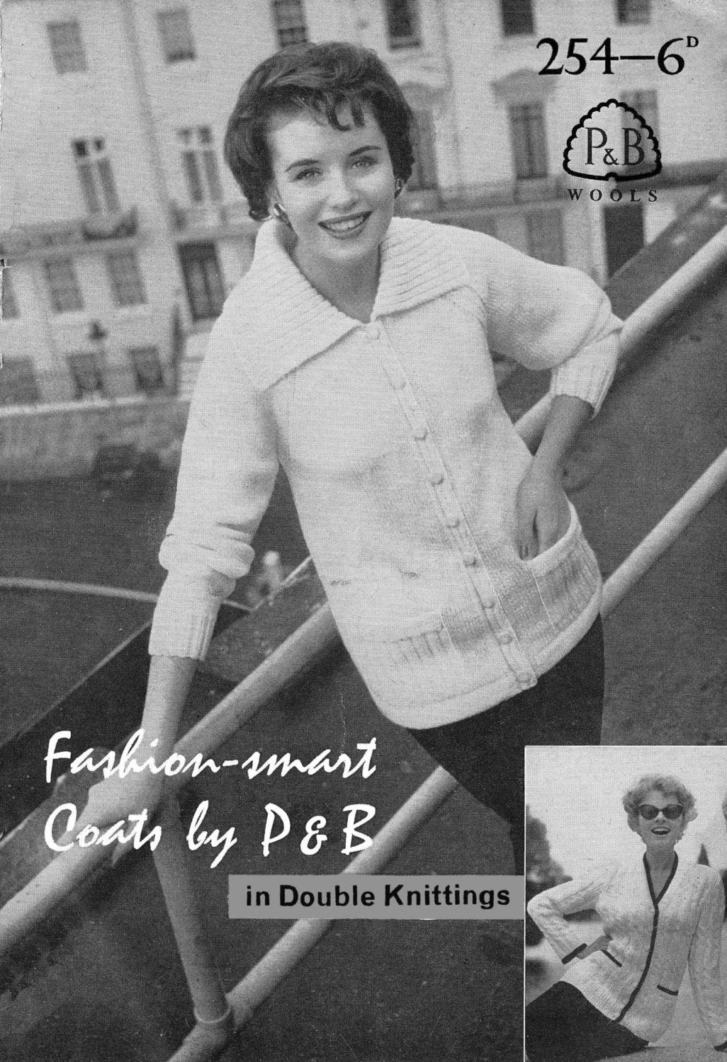 Ladies V-Necked Cardigan, Big Ribbed Collar Cardigan, 34"-36" Bust, DK, 50s Knitting Pattern, P&B 254