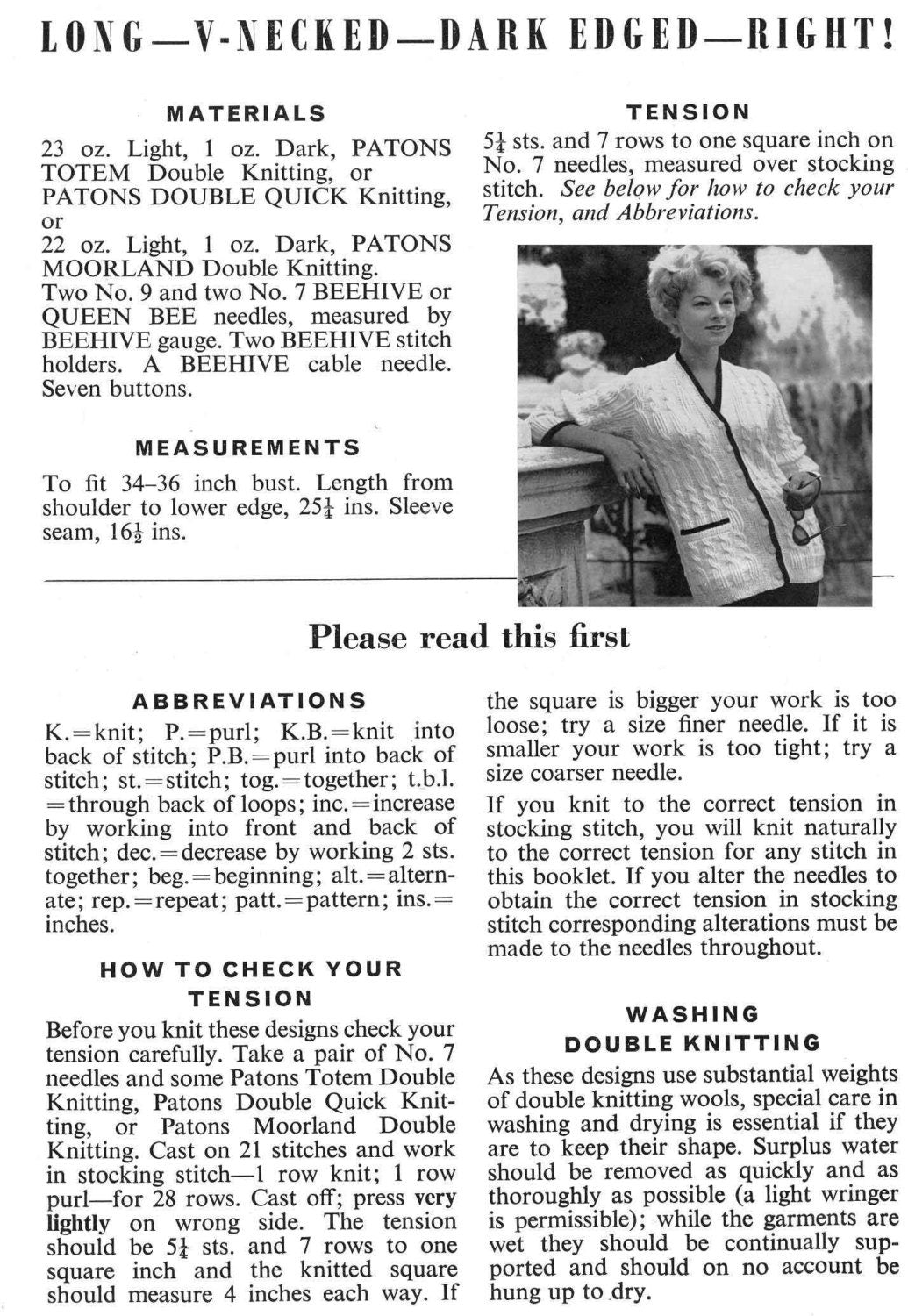 Ladies V-Necked Cardigan, Big Ribbed Collar Cardigan, 34"-36" Bust, DK, 50s Knitting Pattern, P&B 254