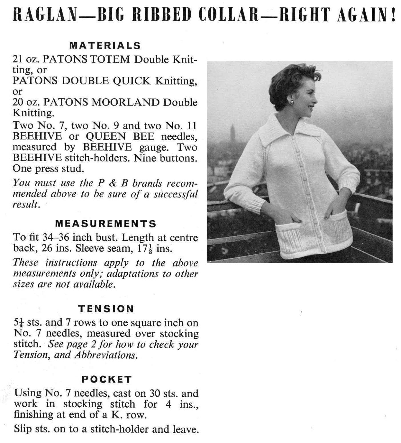 Ladies V-Necked Cardigan, Big Ribbed Collar Cardigan, 34"-36" Bust, DK, 50s Knitting Pattern, P&B 254