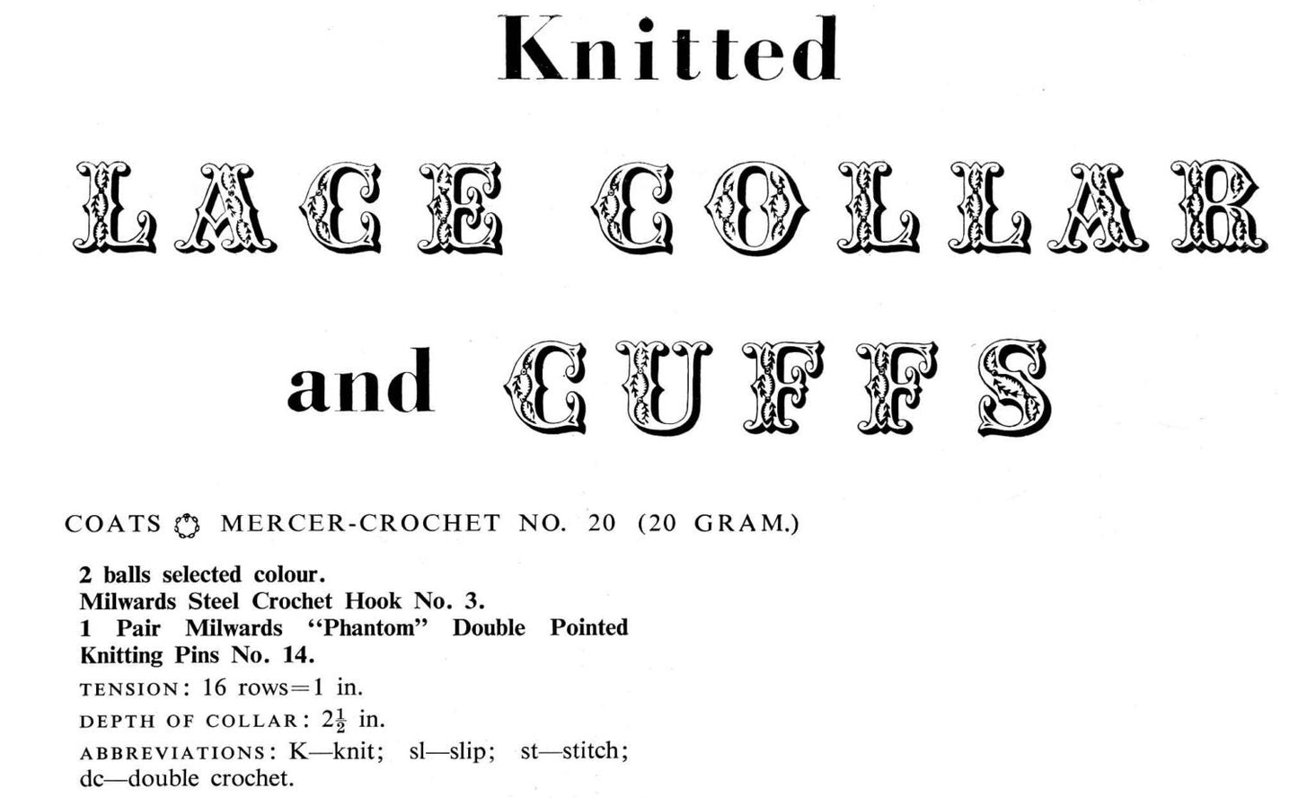 Ladies Lace Collar and Cuffs, 50s Crochet & Knitting Pattern, Coats 396