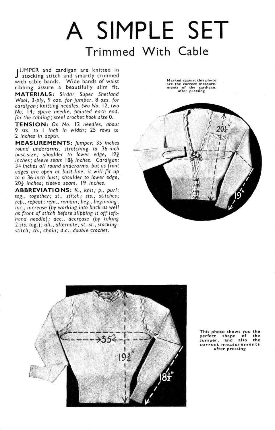 Ladies Twin Set, Cardigan and Jumper, 34" Bust, 3ply, 40s Knitting Pattern, Weldons 321