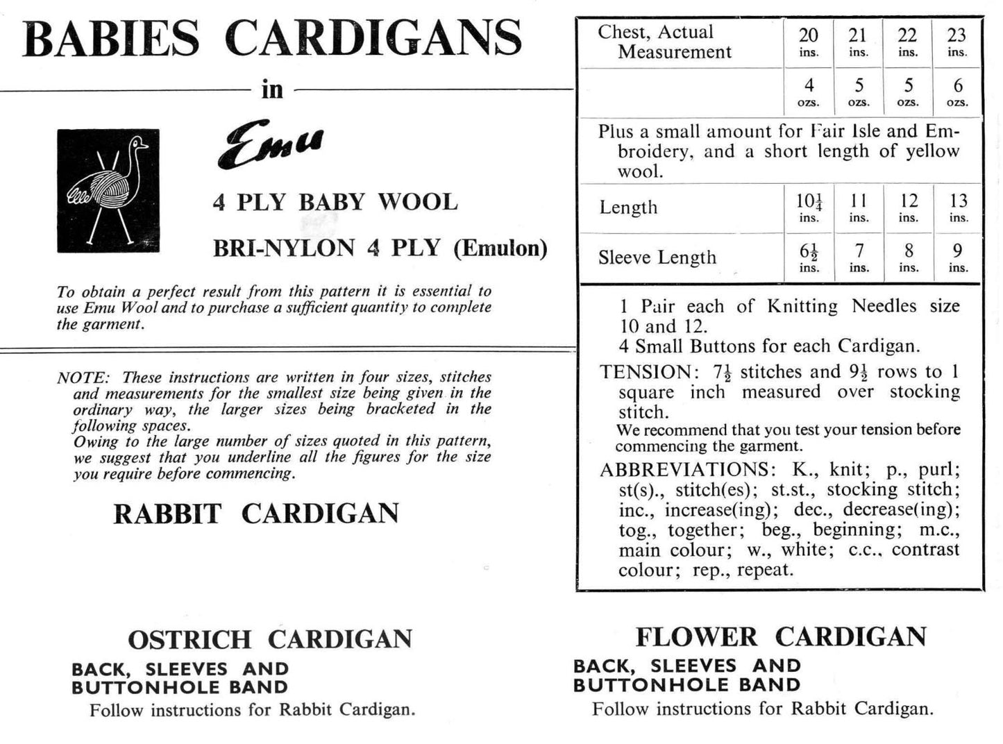 Baby Cardigan, with Rabbit, Ostrich, Flower Motif, 20"-23" Chest, 4ply, 60s Knitting Pattern, Emu 975