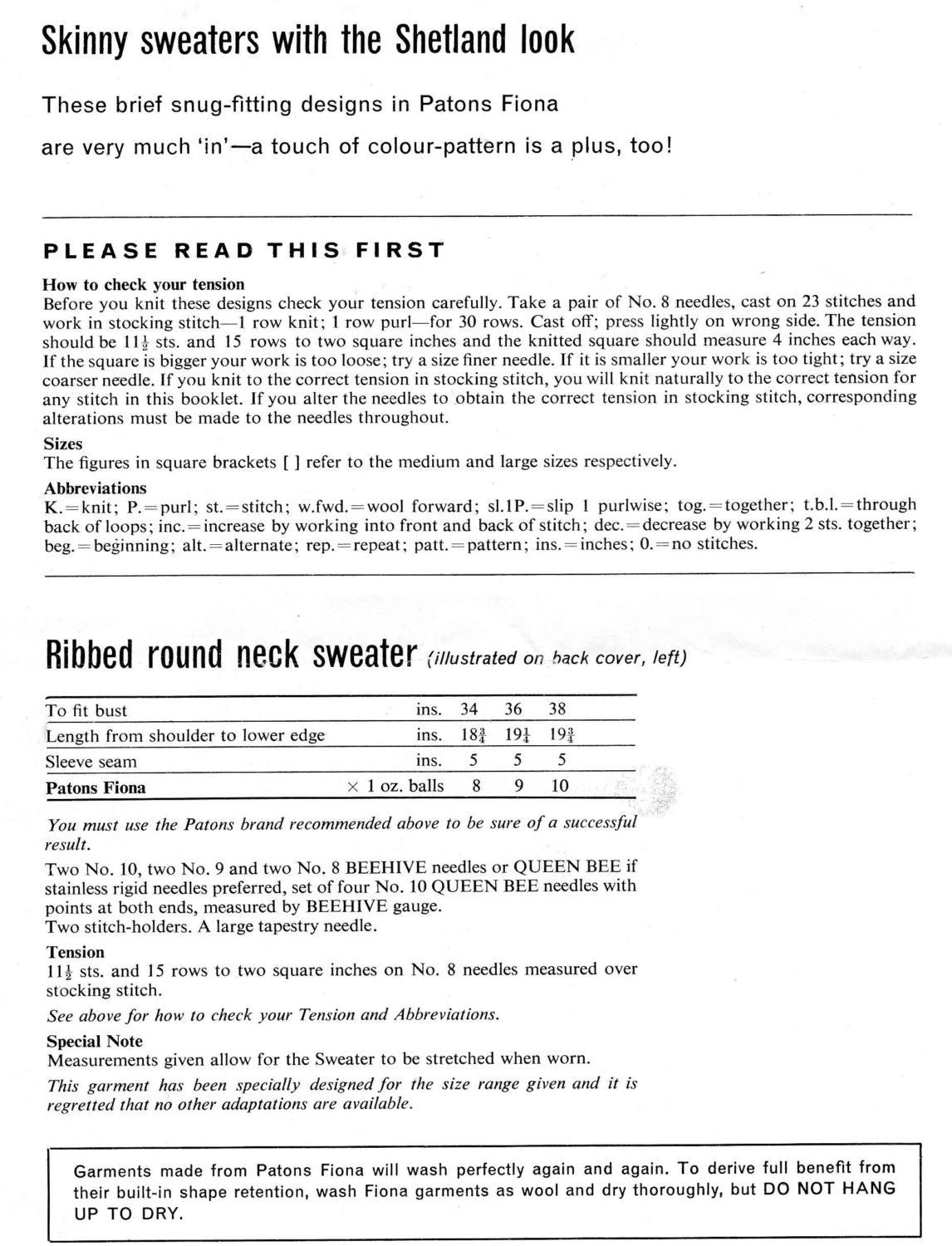 Ladies Sweater / Jumper, Shetland look, Polo, Round, Ribbed, Fair Isle, 34"-38" Bust, DK, 60s Knitting Pattern, Patons 129