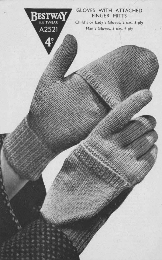 Gloves with attached finger mitts, Children's 10-12 years, Ladies, Men's in 3ply and 4ply, 50s Knitting Pattern, Bestway 2521 (A2521)