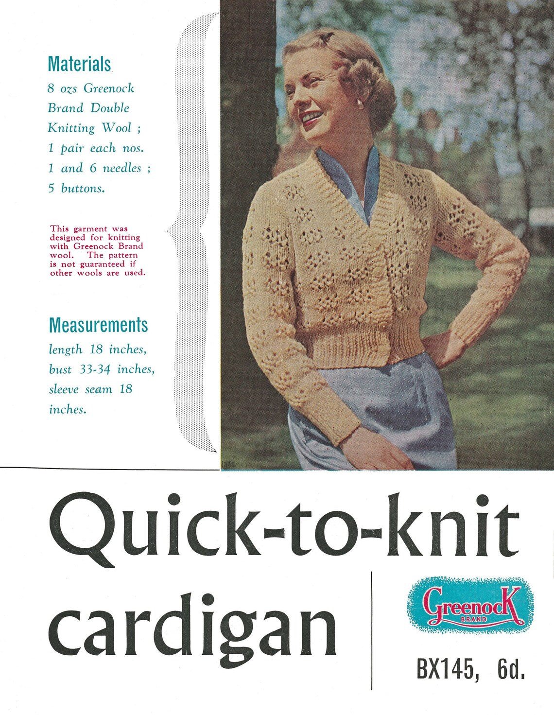 Ladies Cardigan, 33-34"Bust, DK, 50s Knitting Pattern, Greenock BX145