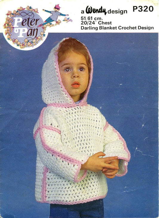 Girl’s Hooded Sweater, 20"-24" Chest, 80s Crochet Pattern, Wendy 320