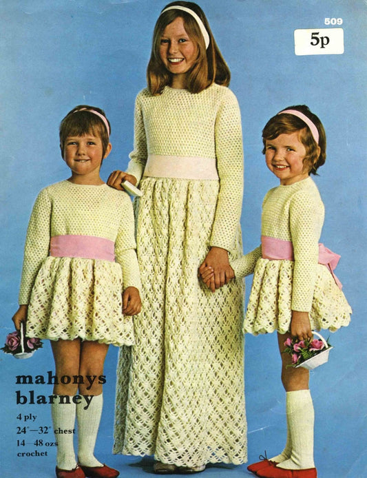 Girls Long and Short Dress, 24"-32" Chest, 70s Crochet Pattern, Mahonys 509