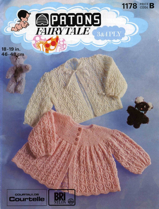 Baby Matinee Coat / Cardigan, 2 Styles (With Yoke and Ribbon Trimmed), 3ply & 4ply, 80s Knitting Pattern, Patons 1178