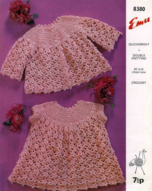 Babys Dress and Coat, DK, 60s Crochet Pattern, Emu 8380