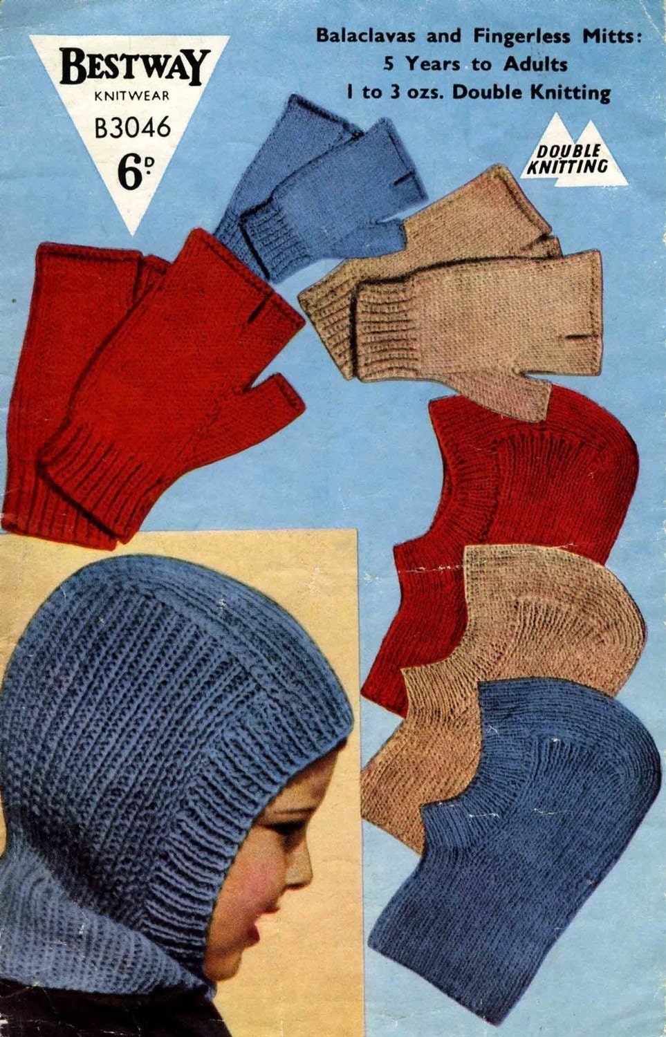 Balaclava Helmets and Fingerless Mitts, 5yrs - Adult, DK, 60s Knitting Pattern, Bestway 3046