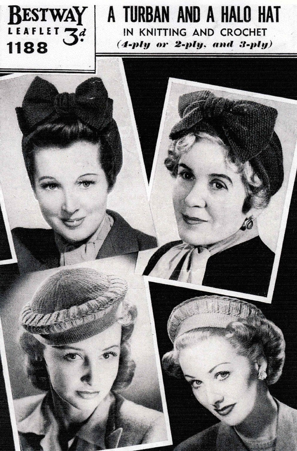 Ladies Turban and a Halo Hat, 40s Knitting Pattern in 4ply and Crochet Pattern in 3ply, Bestway 1188