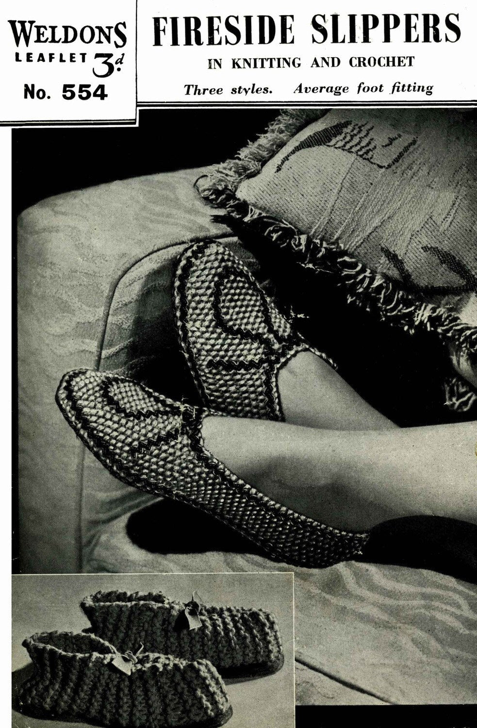 Fireside Slippers in Three Styles, 40s Knitting Pattern and Crochet Pattern, Weldons 554