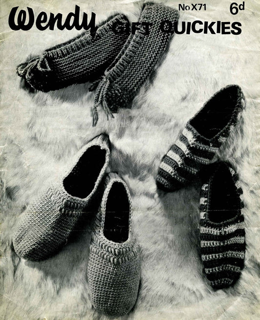 Slippers, Men's & Ladies, DK, 60s Knitting Pattern and Crochet Pattern, Wendy 71