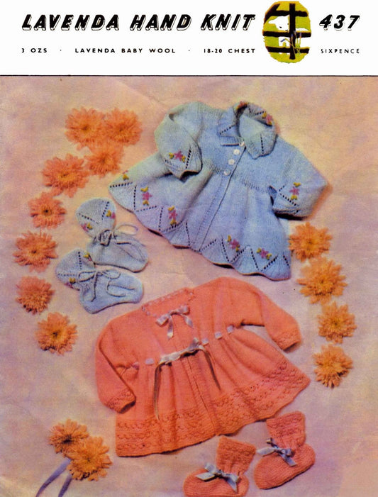 Baby Matinee Coat / Cardigan, 18"-20" Chest, 3ply, 60s Knitting Pattern, Lavenda 437