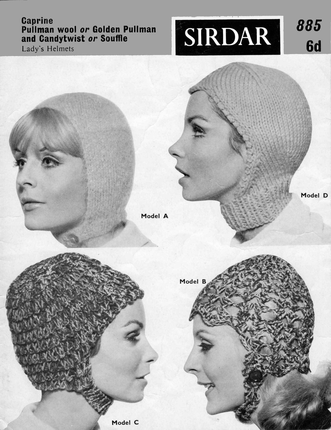 Ladies Helmets in Four Styles, DK & Chunky, 60s Knitting Pattern, Sirdar 885
