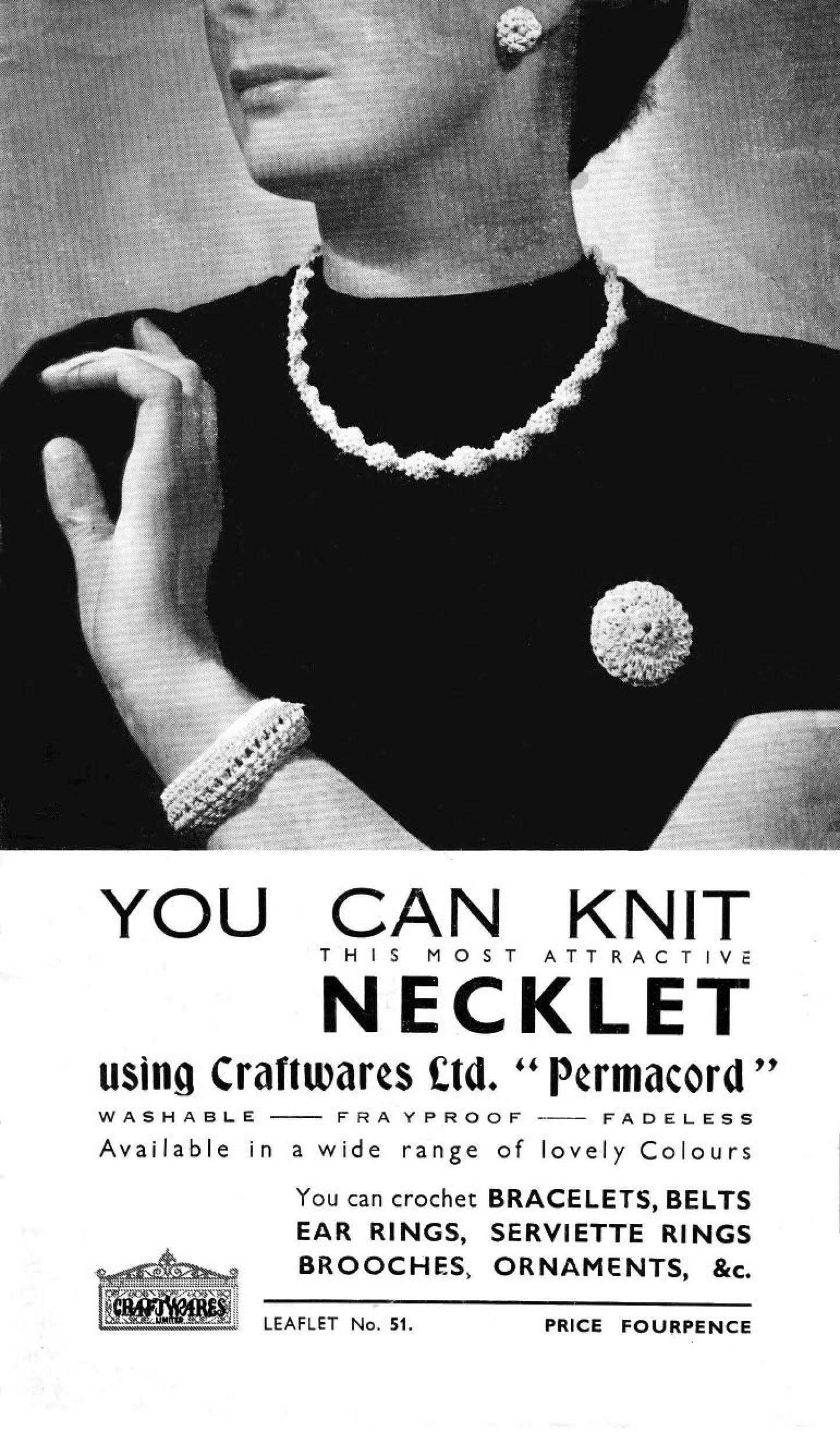 40s/50s Jewllery - Bracelets, Belt, Ear Rings, Brooches, Necklets. Crochet and Knitting Pattern, Leaflet 51