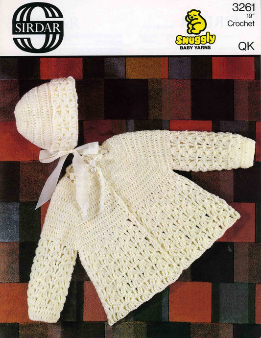 Baby Matinee Coat / Cardigan with Bonnet, 19" Chest, 4ply, 70s Crochet Pattern, Sirdar 3261