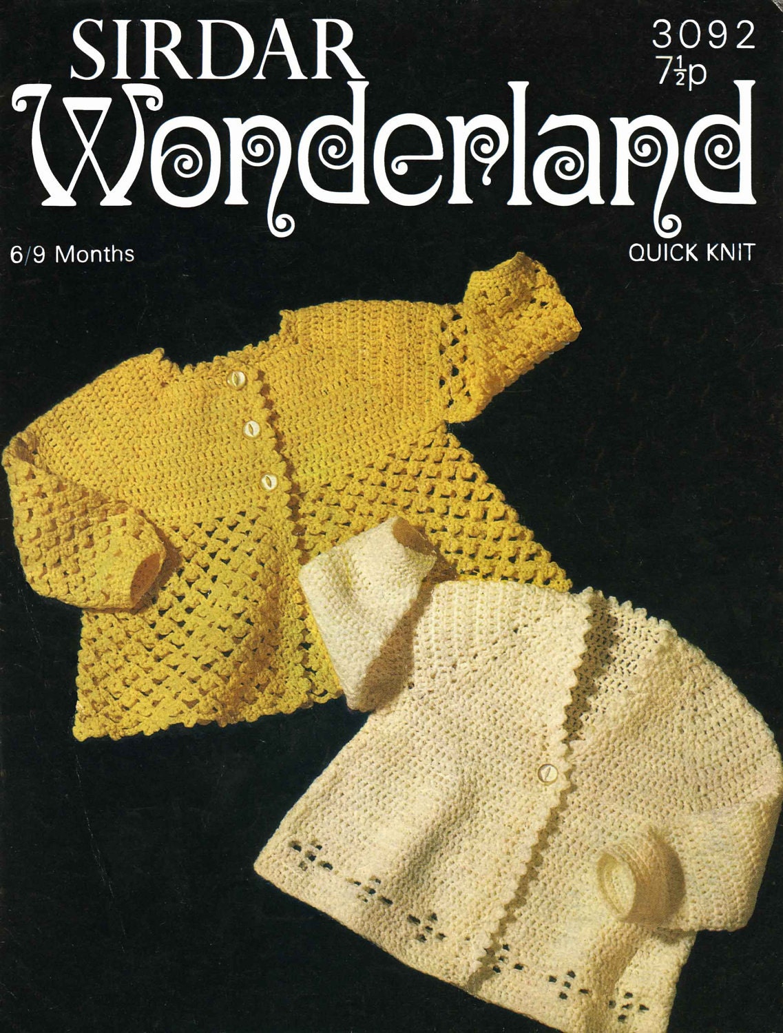 Baby Matinee Coat / Cardigan, 6-9 months, 4ply, 70s Crochet Pattern, Sirdar 3092