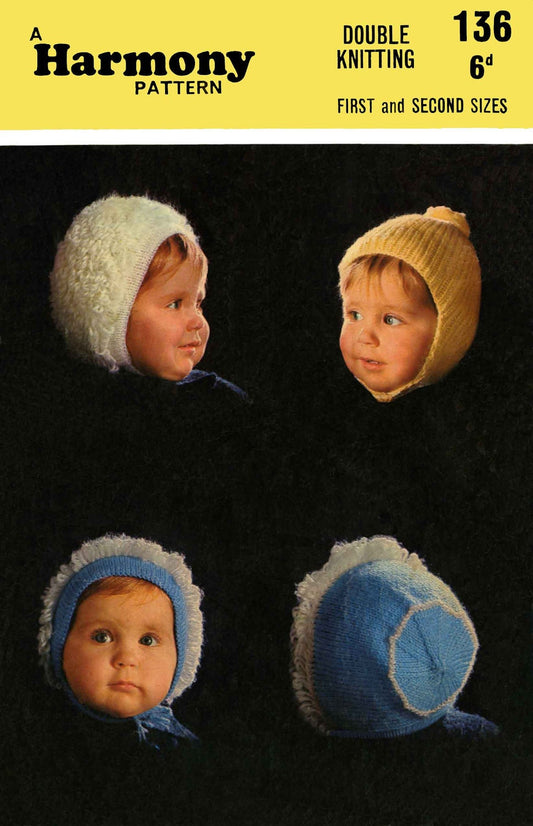 Baby Hats in 4 Styles, DK, 60s Knitting Pattern, Harmony 136