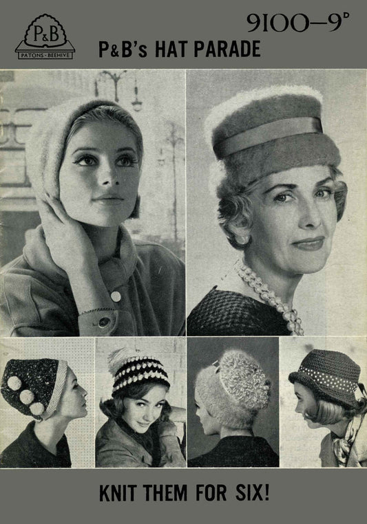 Ladies Hat in Six Styles, 4ply, DK, Chunky, 60s Knitting Pattern, P&B 9100