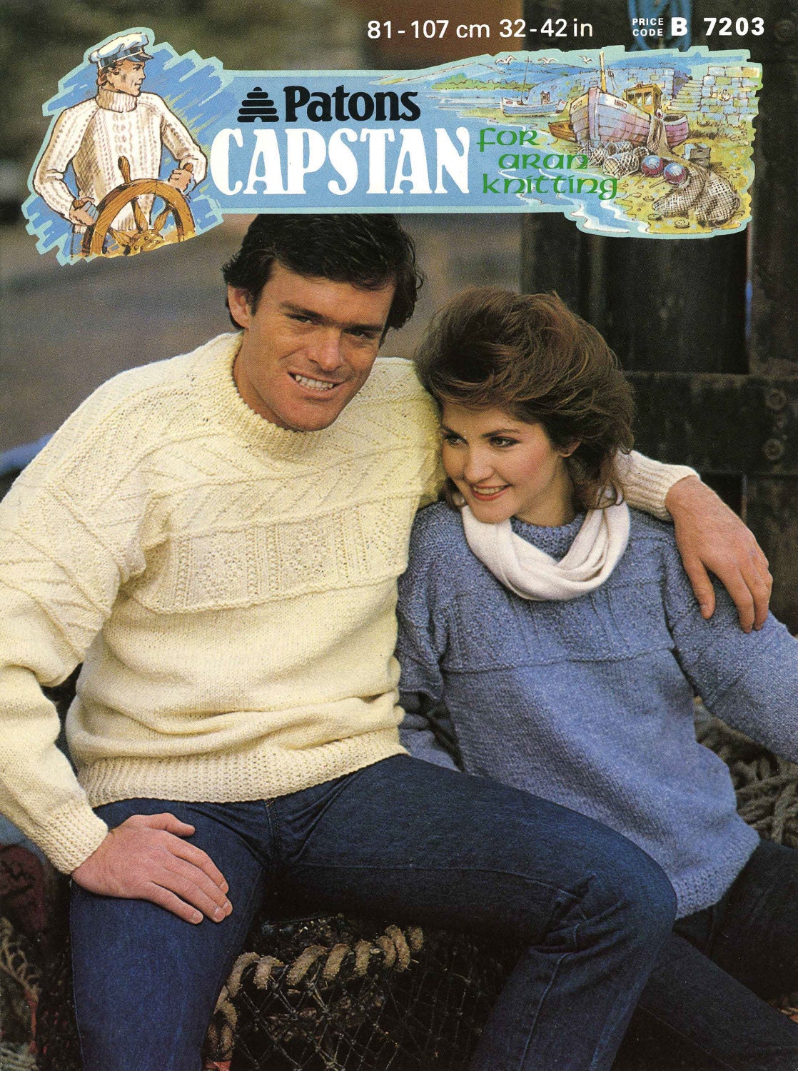 His and Hers / Mens and Ladies, Jumper / Sweater, 32"-42" Bust / Chest, Aran, 80s Knitting Pattern, Patons 7203