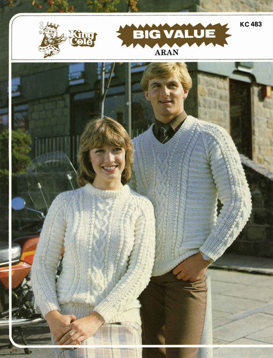 His and Hers V or Round Neck Jumper / Sweater, 34"-44" Chest / Bust, Aran, 80s Knitting Pattern, King Cole 483