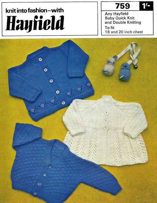 Baby Cardigan, Matinee Jacket, Embroidered & Diamond Pattern, 18" and 20" Chest, 4ply and DK, 60s Knitting Pattern, Hayfield 759