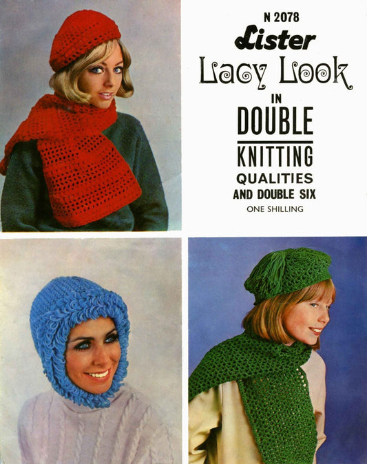 Ladies & Girls Hat, Helmet, Beret and Scarf, DK, 60s Knitting Pattern, Lister 2078