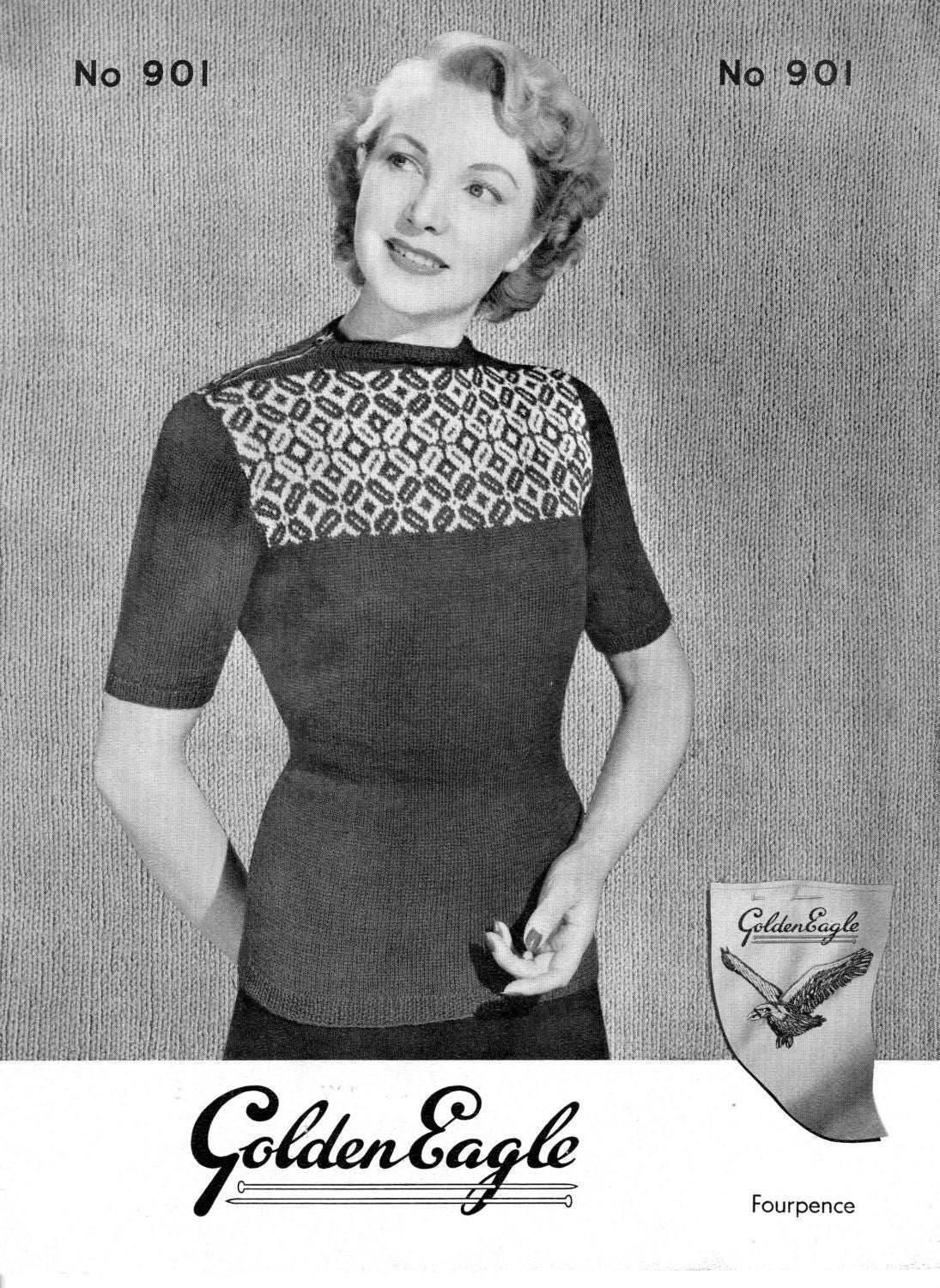 Ladies Classic Fair Isle Jersey Jumper, 34"-36" Bust, 3ply, 50s Knitting Pattern, Golden Eagle 901
