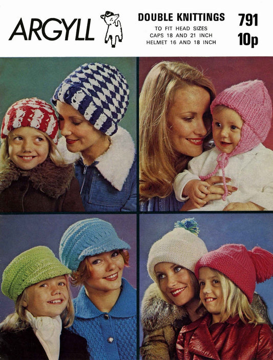 Ladies, Girl's and Baby Caps, Hats and Helmets, DK, 80s Crochet Pattern & Knitting Pattern, Argyll 791