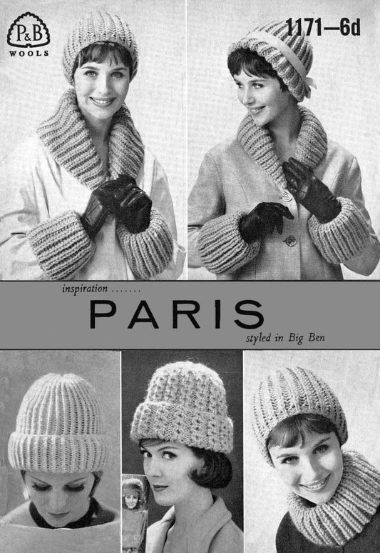 Ladies Hat, Collar and Cuffs, Chunky, 60s Knitting Pattern, P&B 1171