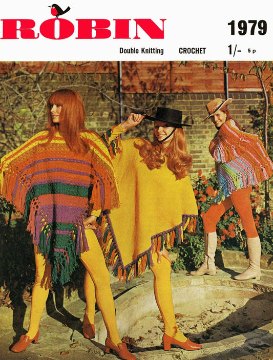 Ladies Ponchos and Shawl, DK, 70s Crochet Pattern, Robin 1979