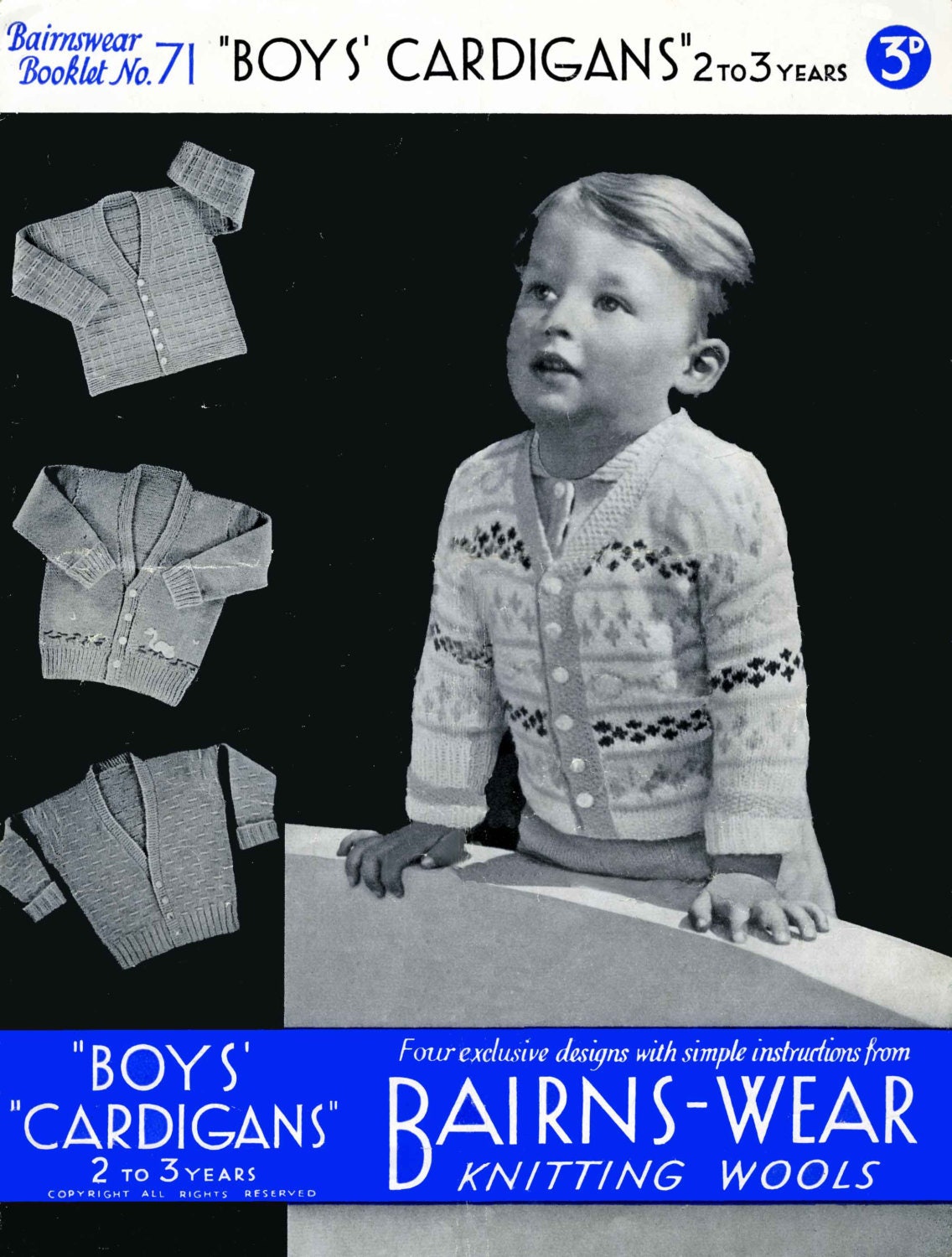 Toddler Boys Cardigan in 4 Styles, 2-3 years, 3ply, 40s Knitting Pattern, Bairnswear 71