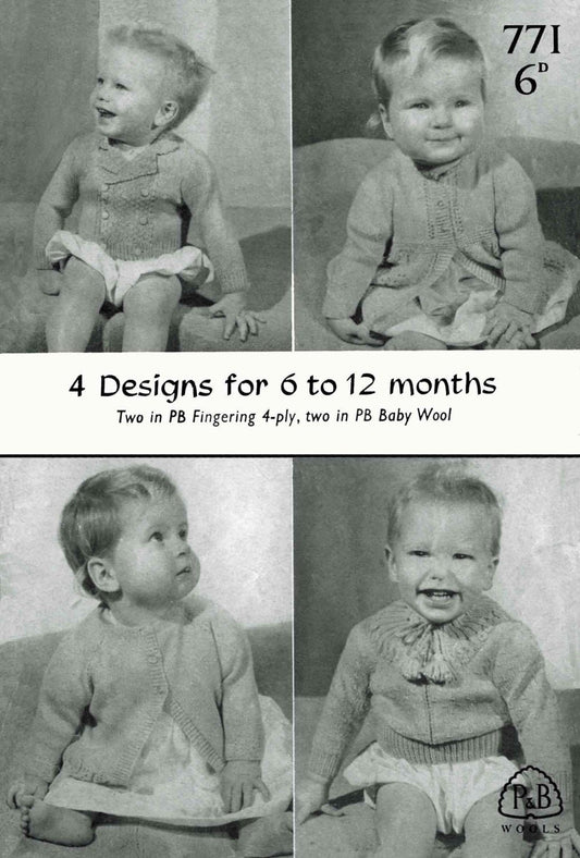 Baby Cardigan in 4 Styles, 6-12 months, 4ply, 50s Knitting Pattern, P&B 771