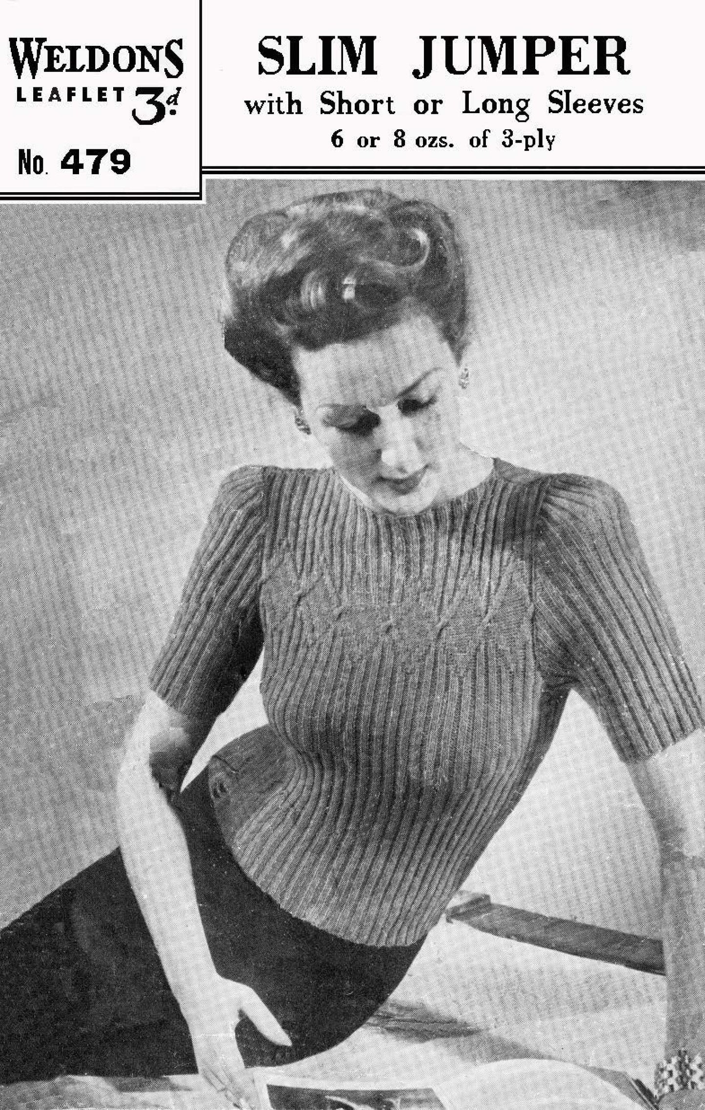 Ladies Jumper, Short and Long Sleeve, 32"-34" Bust, 3ply, 40s Knitting Pattern, Weldons 479