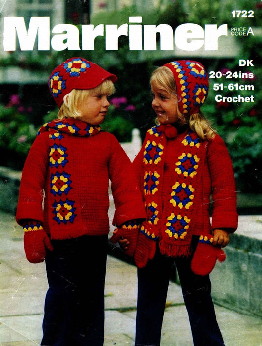 Boys & Girls Toddler Jumper, Hat, Scarf and Mittens in 2 styles, 20-24" Chest, DK, 70s Crochet Pattern, Marriner 1722
