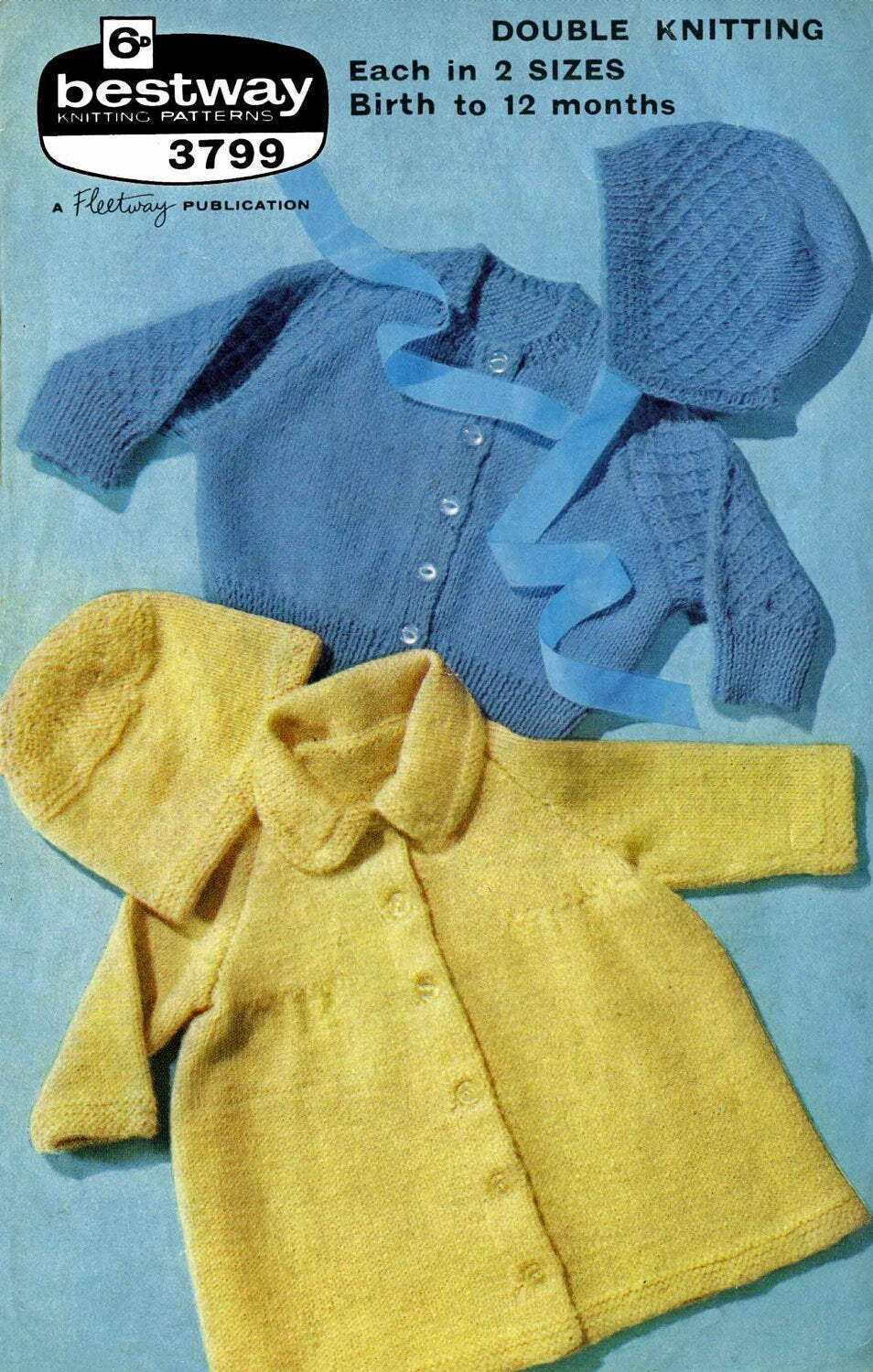 Baby Jacket / Cardigan and Bonnet in 2 Styles, Birth to 12 months, DK, 60s Knitting Pattern, Bestway 3799