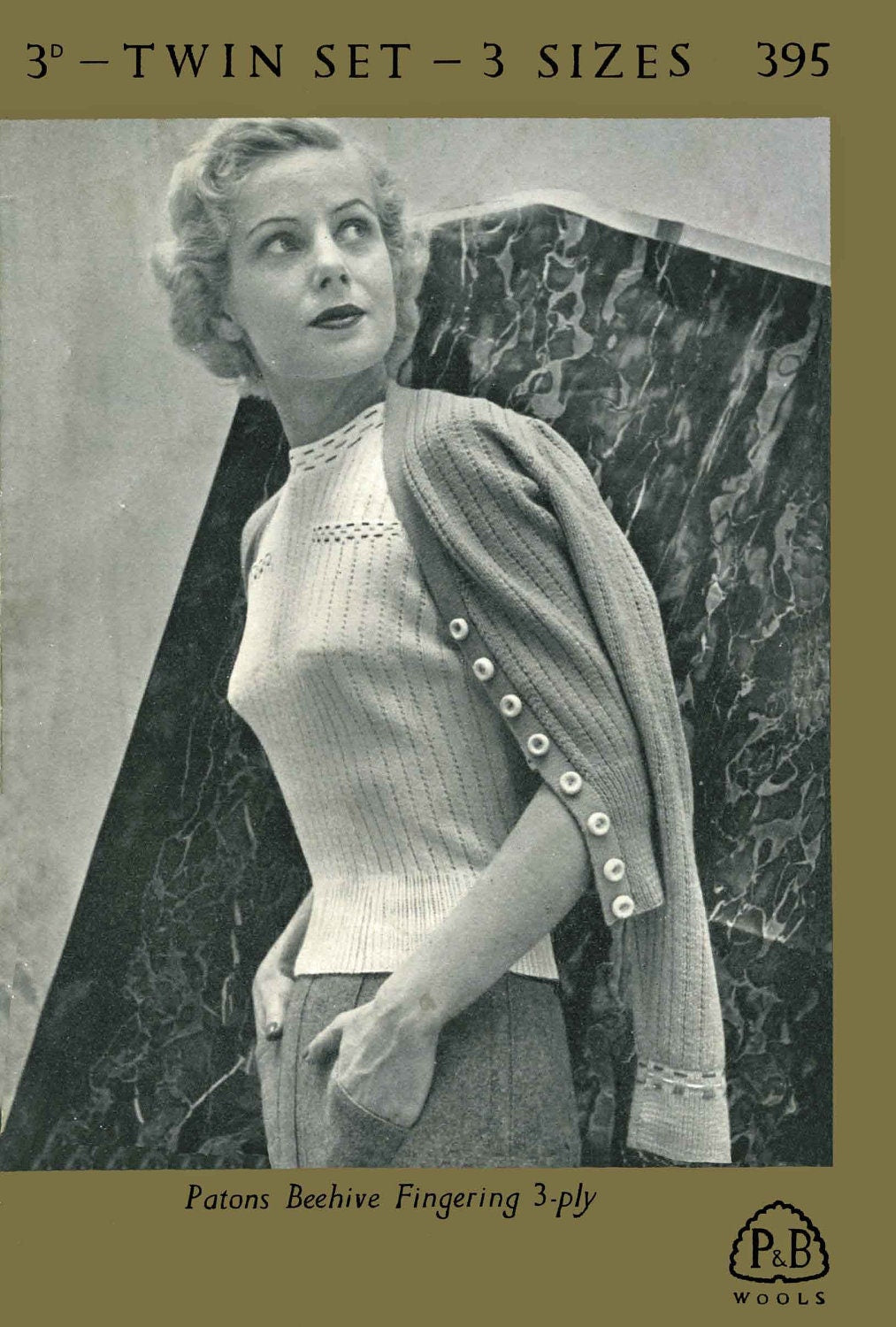 Ladies Twin Set, Jumper and Cardigan, 34"-38" Bust, 3ply, 50s Knitting Pattern, P&B 395