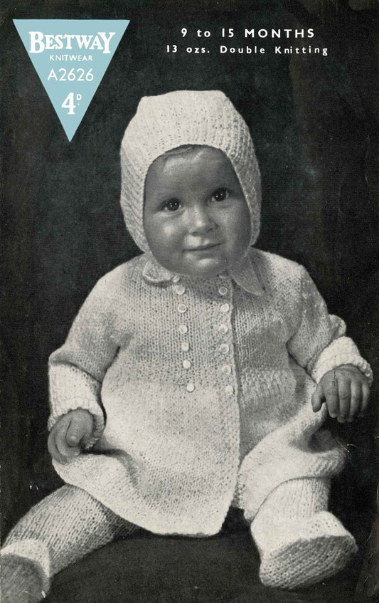 Baby Pram Set - Coat / Cardigan, Hat and Leggings, 9-15 months, DK, 50s Knitting Pattern, Bestway 2626