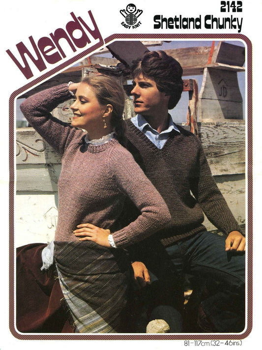 His and Her's / Men's and Women's Round and V Neck Sweaters, 32"-46" Bust / Chest, Chunky, 80s Knitting Pattern, Wendy 2142