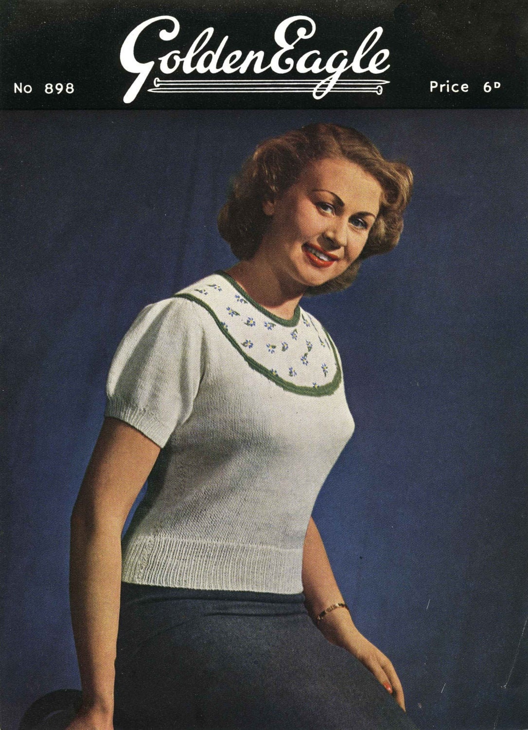 Ladies Jumper with Floral Yoke, 34" Bust, 3ply, 50s Knitting Pattern, Golden Eagle 898