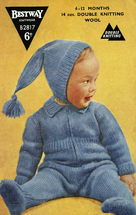 Baby Pixie Hat and Romper Suit, 6-12 months, DK, 50s Knitting Pattern, Bestway 2817