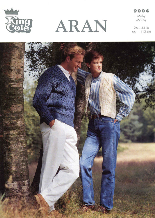 Men's and Ladies Sweater and Waistcoat, 26"-44" Chest/Bust, Aran, 80s Knitting Pattern, King Cole 9004