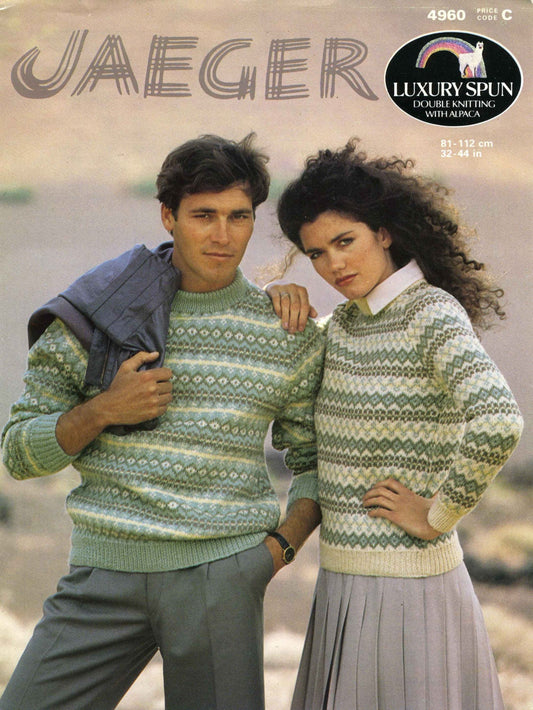 His and Hers Men's and Women's Fair Isle Sweater Jumper, DK, 80s Knitting Pattern, Jaeger 4960