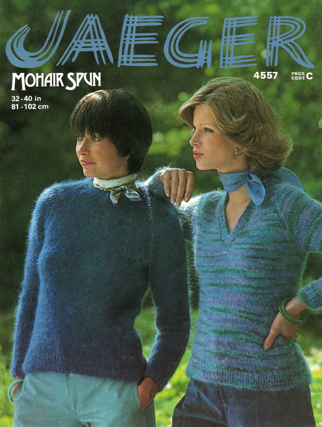 Ladies Round Neck and V Neck Jumper, 32"-40" Bust, Aran Mohair, 80s Knitting Pattern, Jaeger 4557