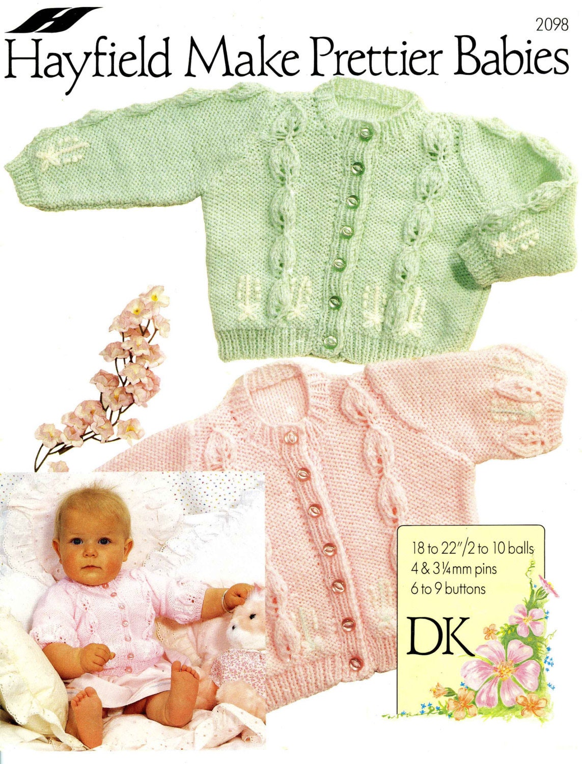 Baby Cardigan in 2 Styles, 6-9 months, DK, 80s Knitting Pattern, Hayfield 2098